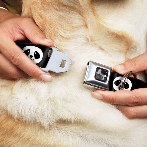 Dog Collar Seatbelt Buckle Smiling Panda Face Black White 9 to 15 Inches 1.0 Inch Wide