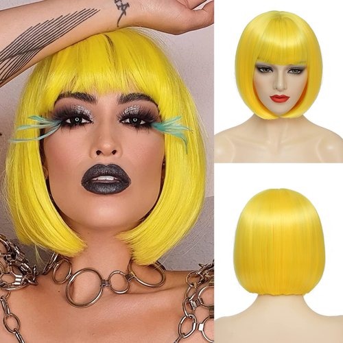 YBYMCAI Yellow Bob Wig With Bangs Short Yellow Bob Wigs For Women Straight Bob Bangs Wig 10 Inch Natural Looking For Daily Party Use