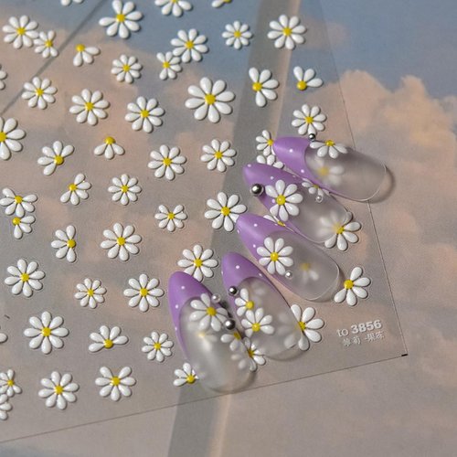 Flower Nail Art Stickers Decals Cute Daisy Embossed Nail Stickers Cute White Daisy Floral Petals Design Self-Adhesive Nail Decals Jelly Nails Manicure Slider for Summer Nail Art Decorations Supplies
