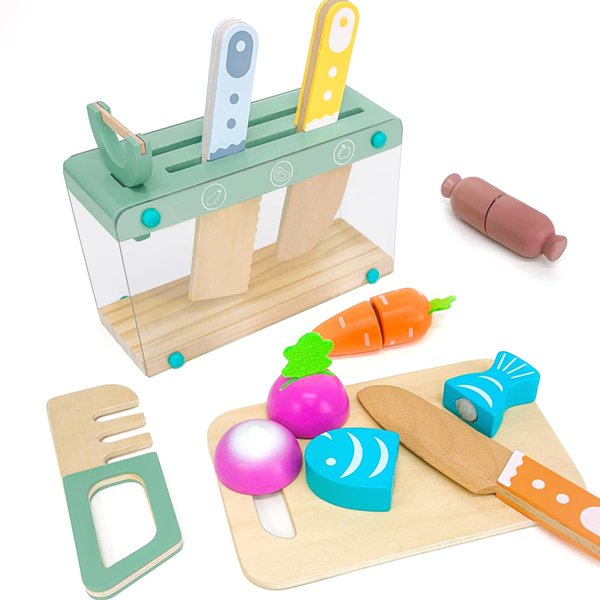 Masonbaby Play Kitchen Accessories, Wooden Play Food Set, 11Pcs Kids Kitchen Accessories with Cutting Board and Knife Set, Kitchen Pretend Play Gifts for 3+ Girls Boys