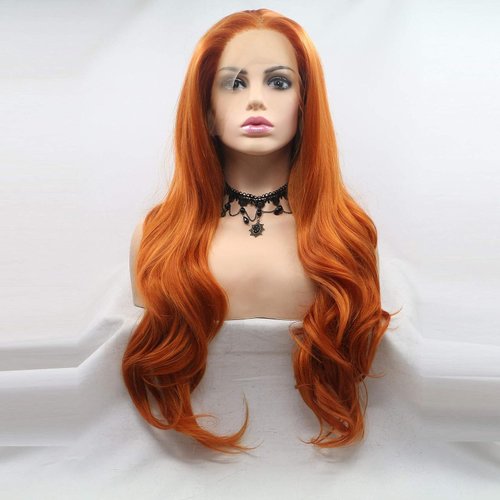 ELESTY Orange Color Synthetic Lace Front Wigs Free Part Long Wavy Synthetic Glueless Half Hand Tied Lace Wigs For Women 24Inch