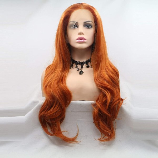 ELESTY Orange Color Synthetic Lace Front Wigs Free Part Long Wavy Synthetic Glueless Half Hand Tied Lace Wigs For Women 24Inch