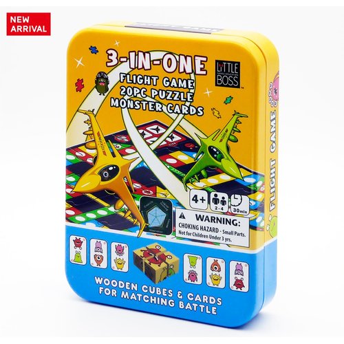 3-in-1 Family Game Set: Flight Game, Puzzle (20 pcs, 2-Sided Game Board), Card Game (24 Cards) and Board Game for Kids Ages 4-8.