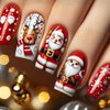 Christmas Press on Nails Red Medium Fake Nails, Santa Claus Press on Nails Cute with Santa Claus Snowflake Elk Designs Acrylic Nails Glossy Full Cover Winter Xmas Glue on Nails for Women 24Pcs