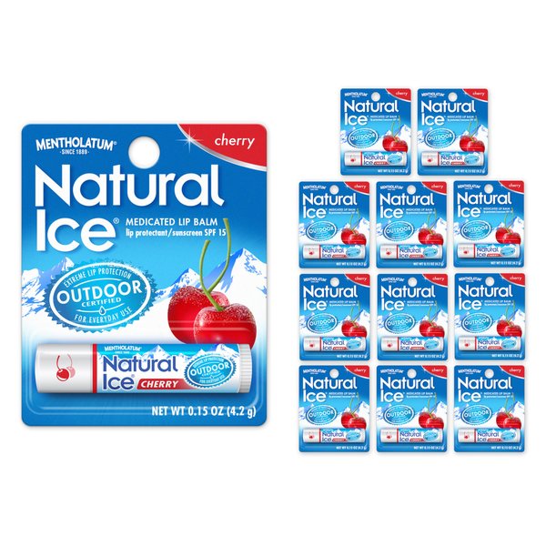 Mentholatum Natural Ice Cherry Flavor Medicated Lip Balm, Hydrating Lip Care for Dry, Chapped Lips, Moisturizing Formula with SPF 15 Helps Prevent Sunburn, Protection for Smooth, Soft Lips (12 pack)