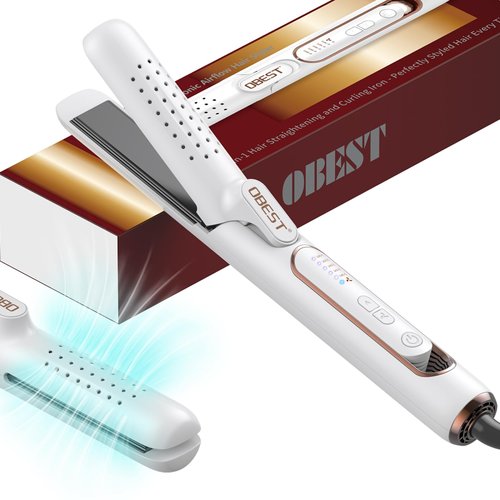 OBEST 360° Airflow Curling Iron, Titanium Flat Iron Fast Heat Up Hair Straightener and Curler 2 in 1 with Cooling Air for Long-Lasting Curls Less Damaged, Dual Voltage Hair Straightener for Travel