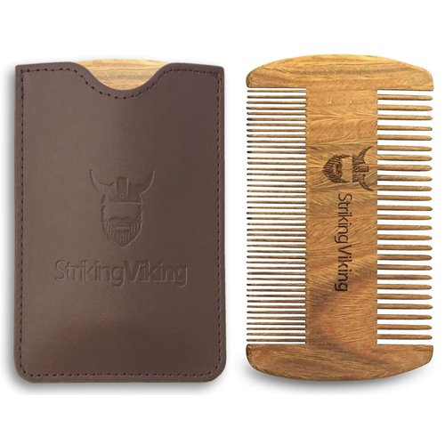 Striking Viking Sandalwood Beard Comb & Case - Pocket-Sized Grooming Tool with Fine & Coarse Teeth, Perfect for Use with Balms & Oils