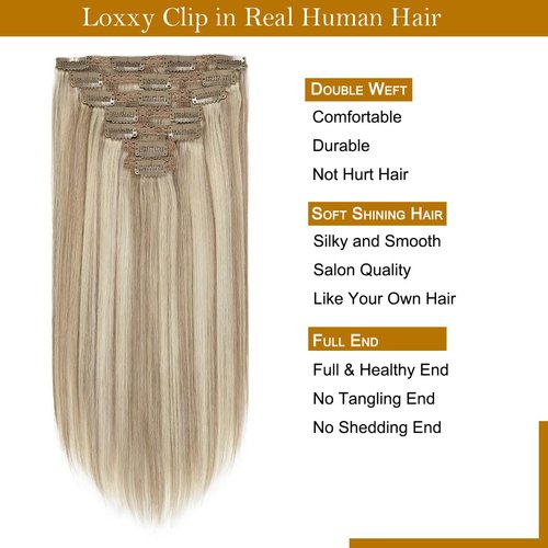 Loxxy Blonde Clip in Extensions Real Human Hair Natural Invisible Clip Hair Extensions Ash Blonde Mix Bleach Blonde 16Inch 120g 7pcs P18/613 Doubl Weft Human Clip in Hair Extensions