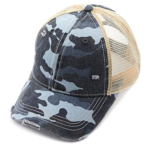 C.C Exclusives Hatsandscarf Washed Distressed Cotton Denim Ponytail Hat Adjustable Baseball Cap (BT-15) (Blue/Camo)
