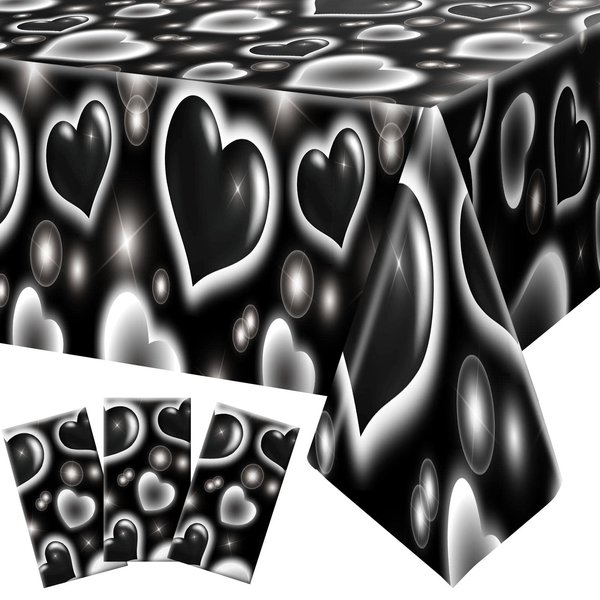 Tudomro 3 Pack 2000s Tablecloth Decoration Cholo Party Table Cover 90s Table Covers Heart Early Plastic Disposable Rectangle Table Decoration for Birthday Party Supplies, 54 x 108 Inches(Black)