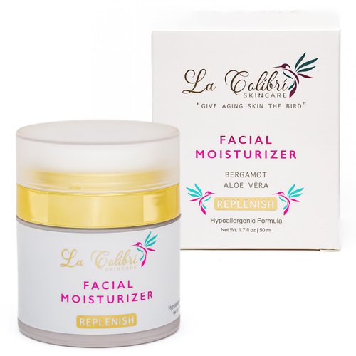 Natural Vegan Facial Moisturizer with Bergamot, Aloe &amp; Jojoba Oil – Minimizes Pores, Soothes Irri...