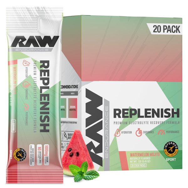 RAW Replenish Box, Premium Electrolytes Powder Recovery Formula, Watermelon Mojito (20 Sticks) - Flavored Electrolyte Drink Mix Supplement for Hydration, Replenishment, Endurance & Performance