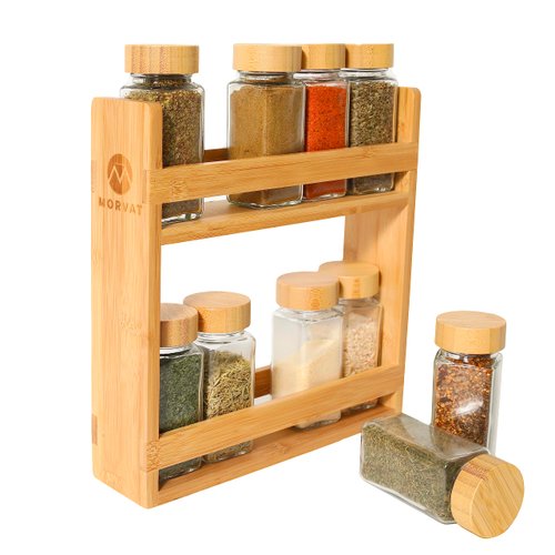 Morvat Bamboo Wooden Spice Jar Rack, 2-Tiered Seasoning Holder Organizer Set with 2 Shelves, Spice Storage Shelf for Kitchen Pantry & Cabinet, Counter or Wall Mount Option with Included Hardware