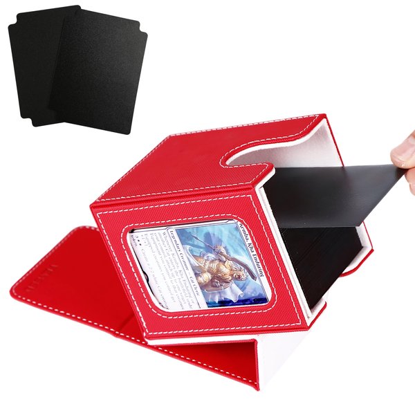 Venssu MTG Deck Box for Commander Display,Card Deck Box Fits 100 Double Sleeved Cards, TCG Card Storage Box with 2 Dividers and 1 Toploader (Red＆White)