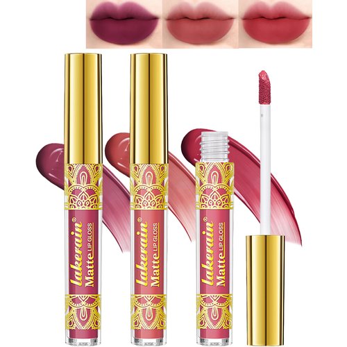 Matte Liquid Lipstick Kit-3Pcs Nude Pink Red Plum Lipcolor Lip Tint Stain Lip Gloss, Longlosting Waterproof Lipgloss Lipstain,Makeup Gift for Women labiales mate magicos 24 horas originales-01#