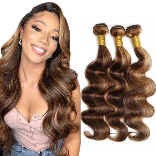 P4/27 Bundles Human Hair Ombre Brown Body Wave Human Hair Bundles Honey Brown Bundles 16 16 16 Inch Brazilian Virgin Remy Hair Extensions Silky Soft 3 Bundles Highlight Bundles
