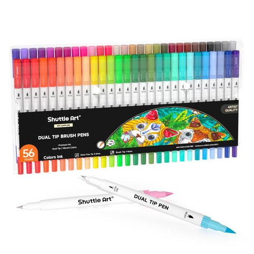 Shuttle Art Dual Brush Pens Art Markers, 56 Colors Dual Tip Calligraphy Pens Fineliner and Brush Tip perfect for Kids Adult Artist, Hand Lettering, Journal, Doodling, Writing, Coloring Books.