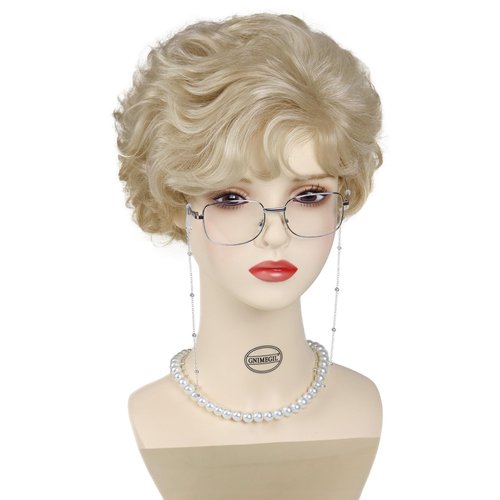 GNIMEGIL Golden Blonde Wig Short Curly Pixie Cut Wigs with Bangs for Women Natural Synthetic Layered Wigs Glasses Chain Necklace 4 Pieces Set Cosplay Wig