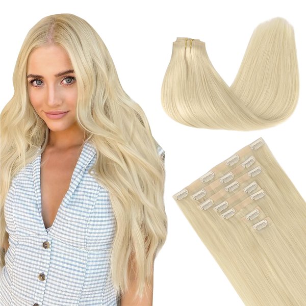 GOO GOO Clip in Hair Extensions Real Human Hair, 16inch 130g 7Pcs, 60A Platinum Blonde, Remy Human Hair Extensions Clip ins for Women, Natural Human Hair