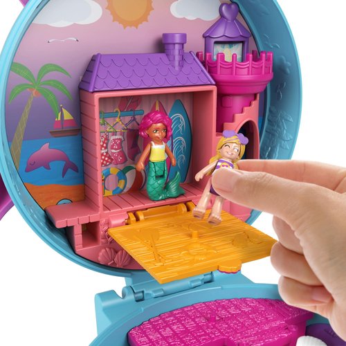 Polly Pocket Compact Playset, Dolphin Beach with Micro Polly, Mermaid Doll & Accessories, Travel Toys with Surprise Reveals