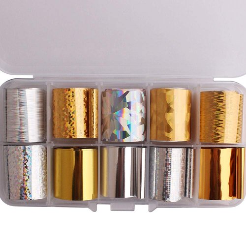 WOKOTO 10 Rolls Gold And Sliver Foil Nail Art Adhesive Stickers Starry Sky Laser Nail Transfer Wraps Decals Manicure Decoration (0.98inchs*39.4inchs)