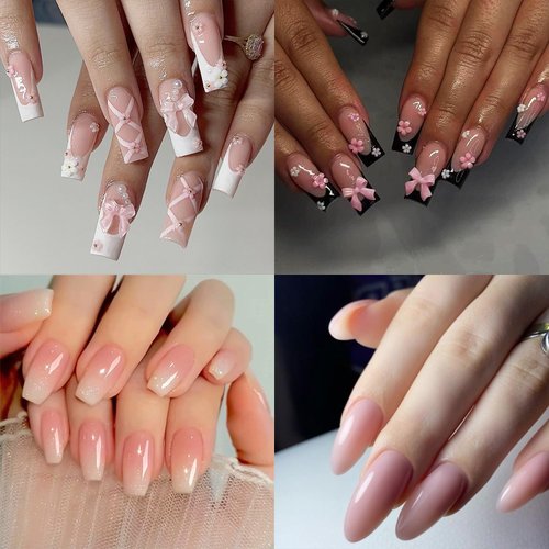 (96Pcs) Medium Press on Nails Kit - Pink French Tip Fake Nails Press ons, Square/Coffin Shaped False Nails, Acrylic Press On Nail Set, with Cute 3D Coquette Design, Style 1