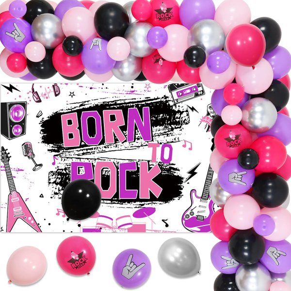 Cheereveal Born to Rock Party Decorations for Girls Guitar Balloon Garland Arch Kit, Rock N Roll Musical Notes Elements Backdrop, Purple & Pink Crenics Rock Stars Theme Party Birthday Party Supplies