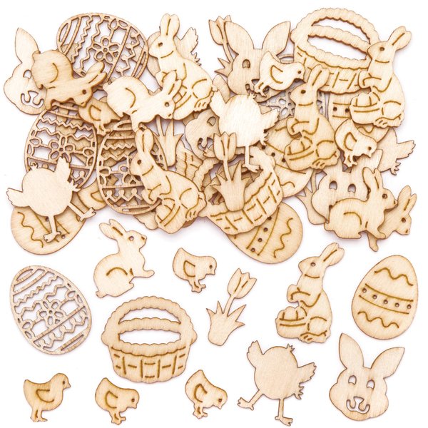 Baker Ross AT476 Easter Mini Wooden Shapes - Pack of 50, Creative Art And Craft Supplies For Kids To Make And Decorate