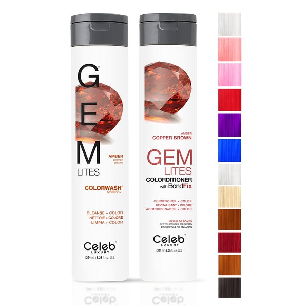 Celeb Luxury Gem Lites Duo Color Depositing Colorwash Shampoo & Conditioner Set + Bondfix Bond Rebuilder, Semi Permanent Hair Color, Vegan Hair Dye, Amber Copper Brown