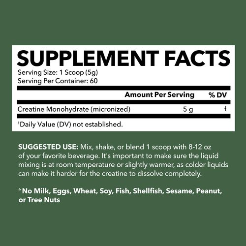 Micronized Creatine Monohydrate Powder - Post Workout Recovery Powder - Muscle, Strength and Energy Production - 5g Unflavored, Non-GMO, Vegan and Gluten Free Creatine Powder for Men - 60 Servings