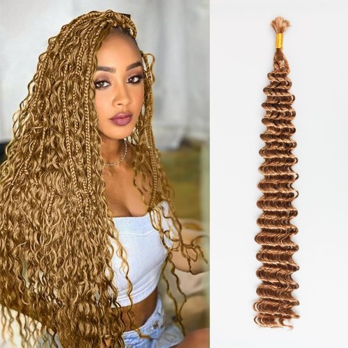 Deep Wave Bulk Braiding Hair Extensions-20 Inches 8 Pakcs Blonde Synthetic Curly Hair Bundle for Braiding,No Weft Braids for Human（20"-8 Packs,27#）