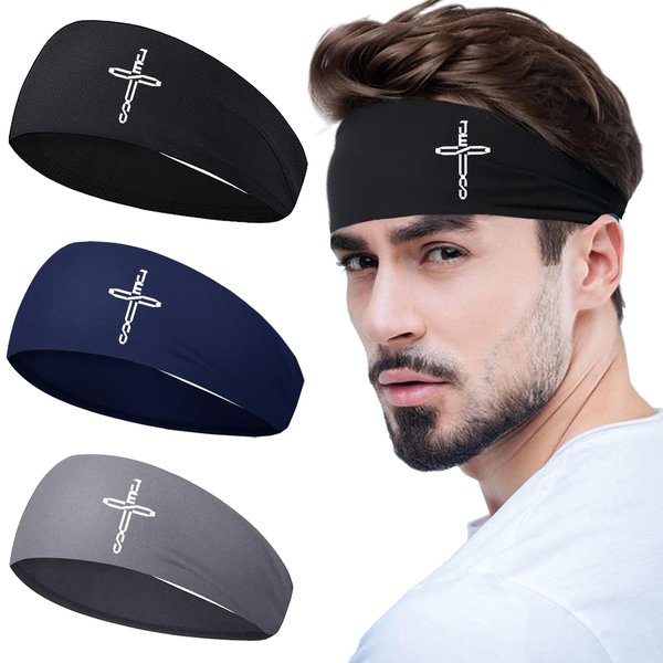 3pcs Sweat Bands Headbands Men Sweatbands for Men Women Sports Headbands for Men Christian Jesus Cross Workout Head Bands Cooling Headbands for Men Women Running Sweat Hairband Gym Yoga Tennis Gifts