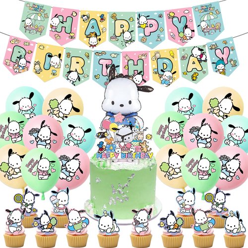 Pochacco Birthday Party Decorations, Kawaii Cartoon Party Supplies with Banner, Cupcake Cake Toppers and Foil Balloons Party Favors for Fans Birthday Background Decorations