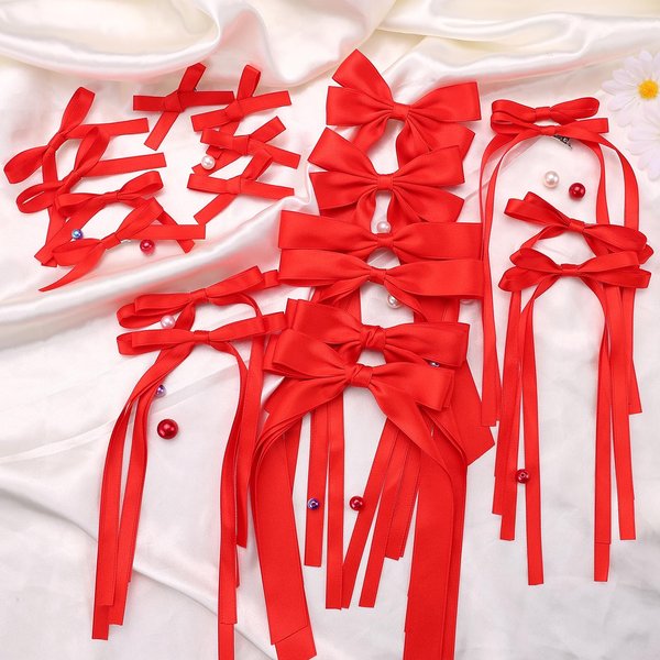 20PCS Red Hair Bows for Women, Hair Ribbons for Girls Hair, 12PCS Long Tassel Bowknot Ponytail Holder and 8PCS Short Tail Hair Clips, Solid Silky Hair Barrettes Satin Hair Accessories
