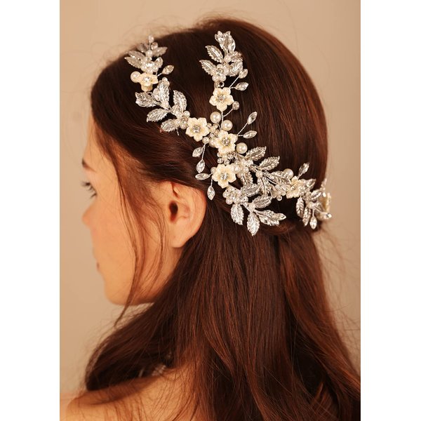 BERYUAN Bridal White Flower Gold Leaves Pearls Crystal Rhinestone Hair Comb Teardrop Crystal Rhinestone Hair piece Sliding Side Headpieces Wedding Hair Accessories for Women and Girls (gold)