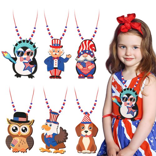 BOARDFEB 4th of July Crafts for Kids, 30 Sets DIY Patriotic Necklaces Independence Day Ornaments Red White Blue Hanging Decorations Foam Stickers for Classroom Party Favors