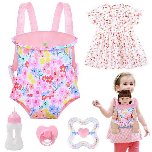 Baby Doll Carrier for 16-22 Inch Dolls,Reborn Doll Backpack Carrier for Little Girls with 18 inch Doll Clothes and Accessories Included Doll Carrier,Doll Dress,Feeding Bottle,Pacifier, Rattling Toy