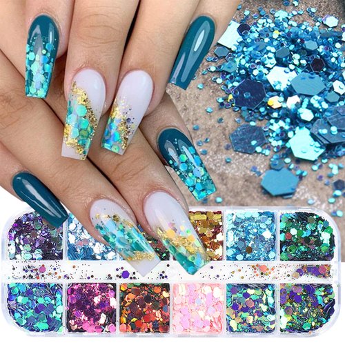 12 Grid Chameleon Nail Art Glitter 3D Colorful Mermaid Nail Glitter Sequins Confetti Flakes Gradient Designs Nail Sequins Hexagon Holographic Nail Art Supplies for Women Girls DIY Manicure Decorations