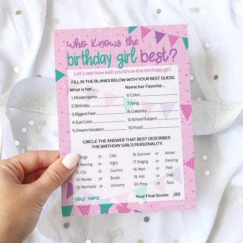 DISTINCTIVS Who Knows The Birthday Girl Best Party Game - 10 Game Cards - Girly Pink and Purple Tween Birthday Party Supplies