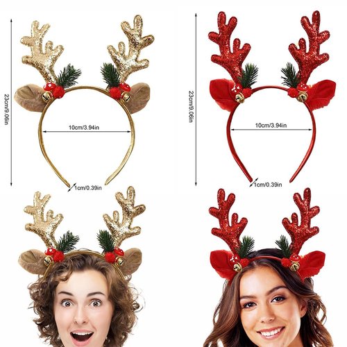 HANSAMU Christmas Headband Antlers Hair Bands, Christmas Glitter Elk Antlers Hair Hoop Headwear Gift for Women Costume Christmas Holiday Party Costume Hat Accessory (Red & Gold)