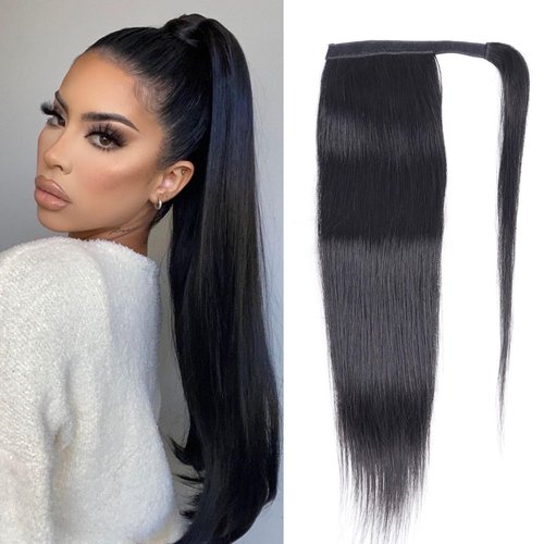 Straight Ponytail Extension Human Hair Wrap Around Magic Paste Ponytail Clip In Real Brazilian Virgin Human Hair pieces For Black Women Natural Black 18inch