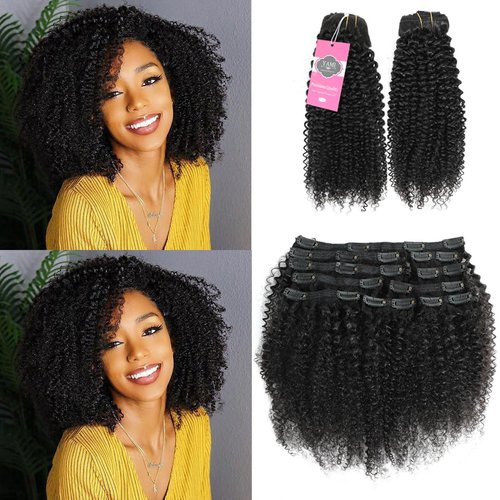 YAMI Kinky Curly Clip in Hair Extensions Virgin Natural Hair Clip In Extensions Kinky Curly Hair 10Pcs Human Hair Clip Ins for Women Clip In Hair Extensions 120g（Natural Black,16inch)