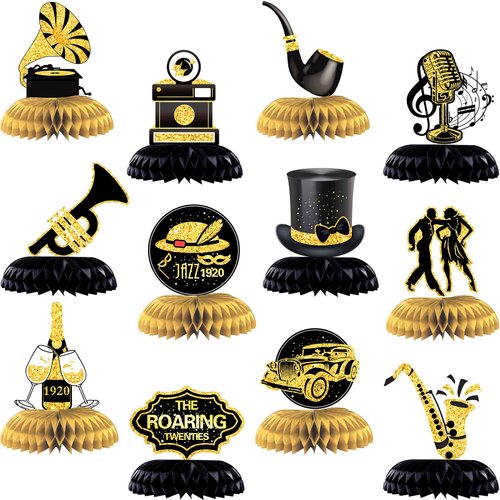 12 Pieces Roaring 1920&#39;s Party Honeycomb Centerpiece Roaring 20s Party Decorations Music Themed P...
