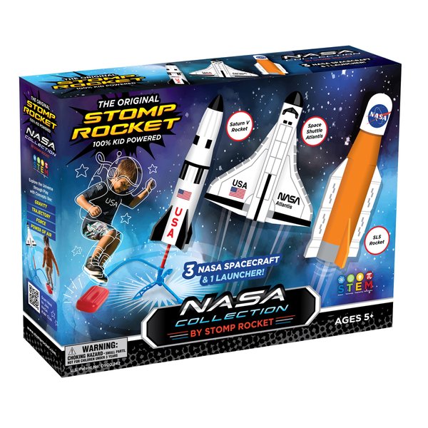 Stomp Rocket Space Collection Rocket Launcher for Kids, 3 NASA Rockets - Backyard & Outdoor Fun Toy Gift for Boys & Girls - STEM Soft Foam Blaster Set Soars Up to 100 Feet - Ages 5 & Up