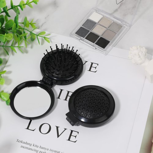Travel Folding Hair Brush, 2 Pack Round Mini Brush with Mirror, Compact Massage Comb, Portable Styling Tools for Women (Black)