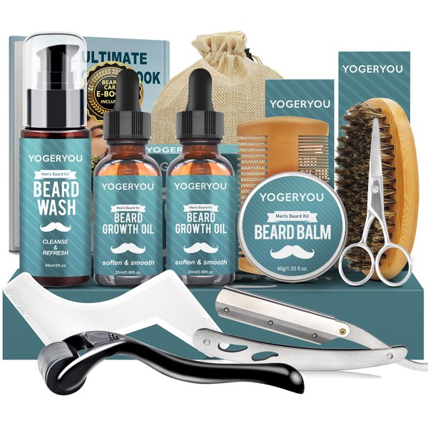 Beard Kit,Beard Grooming Kit W/Straight Razor,2 PACK Beard Oil,Beard Wash,Balm,Brush,Comb,Scissors Mens Birthday Christmas Gifts for Men Boyfriend Husband Beard Shaping Shaving Kit