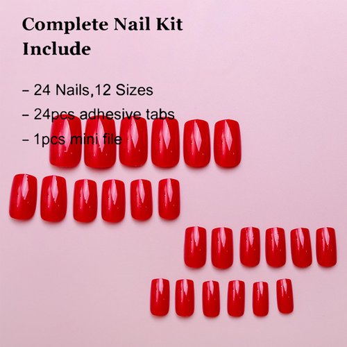 Red Press on Nails Short Square Medium Fake Nails Classic Red Glossy Handmade Gel False Nails Solid Color Thick Acrylic Nails Stick On Nails Reusable Salon Oval Glue On Nails for Women Manicure 24Pcs