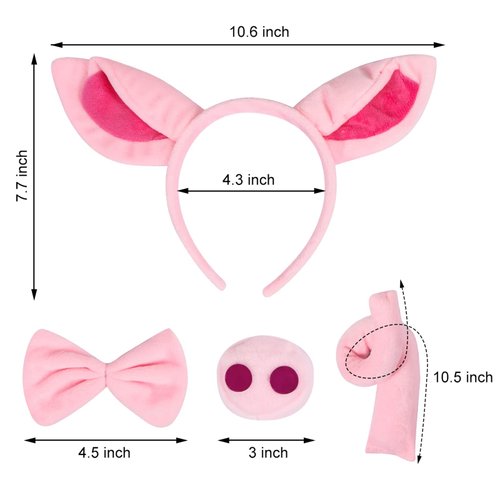 COOLOOK Pig Costume Set Pig Ears Headband Pig Tail Nose Bow Tie Pig for Party Decoration Pink
