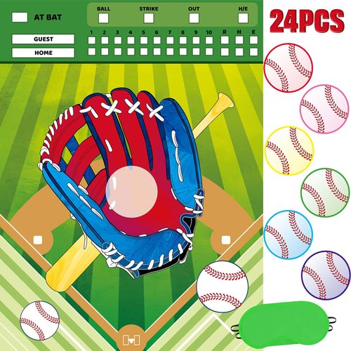 WERNNSAI Baseball Party Games - Pin The Baseball On The Glove Birthday Game for Kids Sports Themed Party Favors 21” X 28” Poster with 24 Pcs Ball Stickers Classroom Activities Family Party Decorations