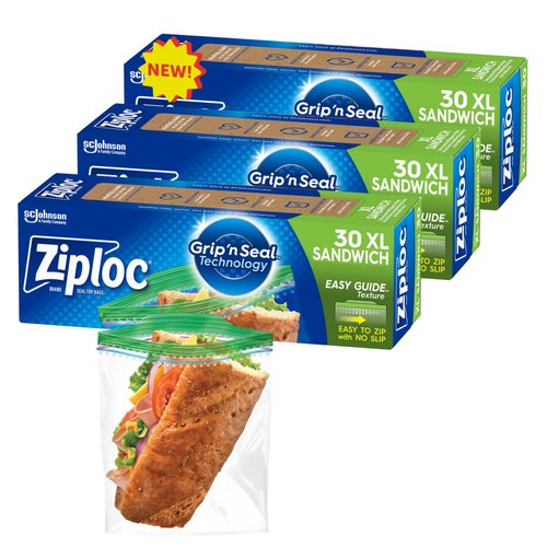 Ziploc XL Sandwich and Snack Bags, Storage Bags for On the Go Freshness, Grip 'n Seal Technology for Easier Grip, Open, and Close, 90 Bags Total